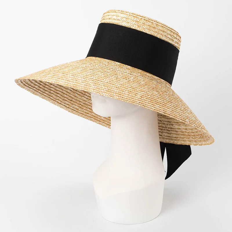 Summer straw hat French elegant seaside travel sun hat bow ribbon flat top large brim straw hat hats for women 250306