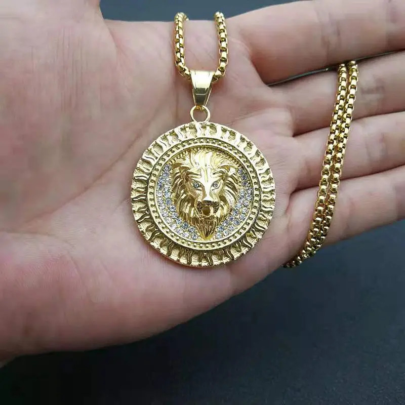 Stainless Steel Vintage Round Lions Head Fire Hip Hop Pendant Collar Chains Necklace for Men Women Gift Jewelry 250227