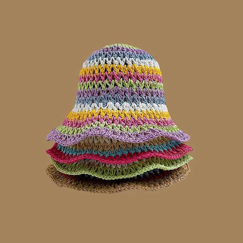 Summer Rainbow Striped Bucket Hat Woman Crochet Beach Fisherman Hat Foldable Handmade Weave Sun Hat Female Panama Wholesale W250307