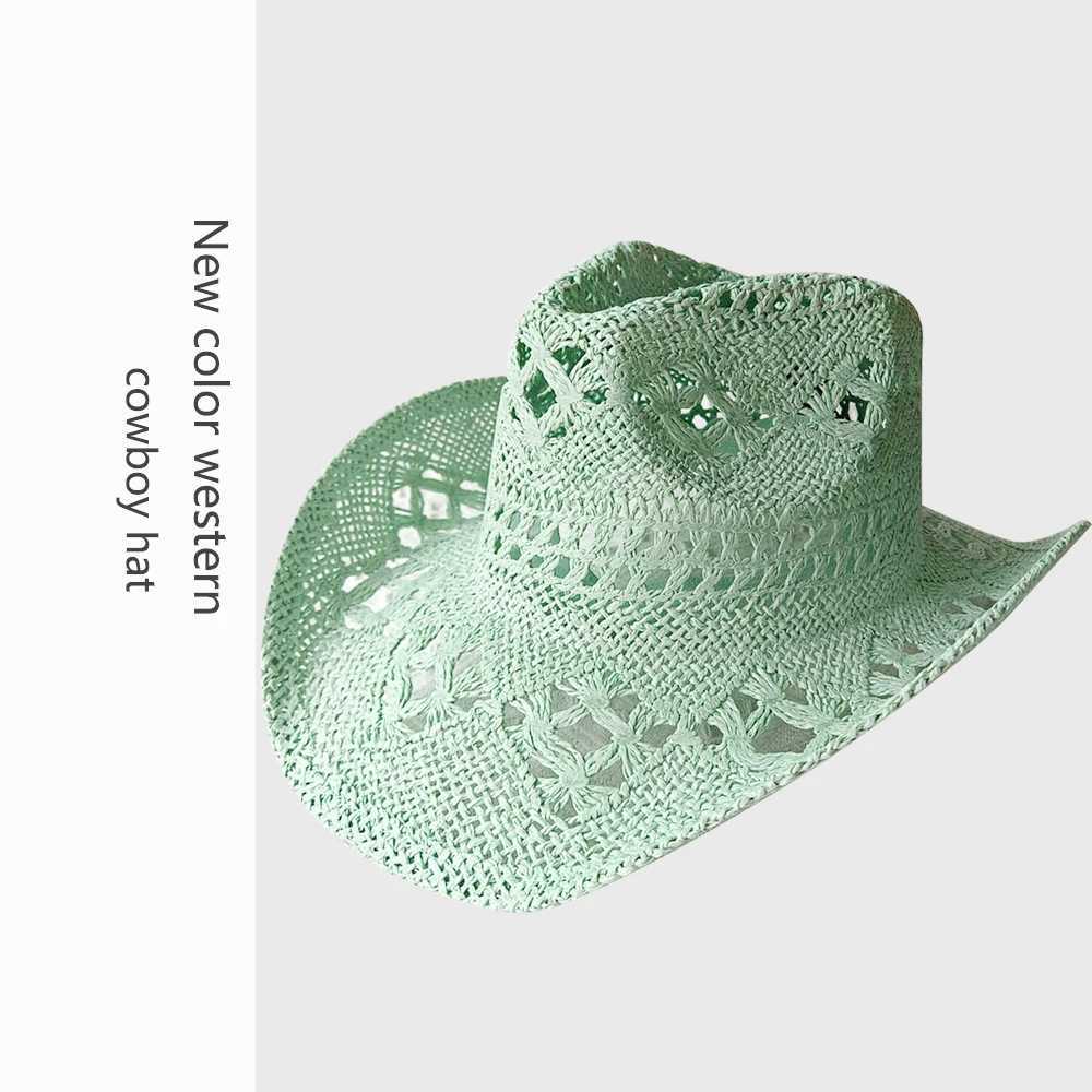 Melesh Western Womens Mint Green Cowboy Hat Straw Cowboy Hat Plasticity Strong Wide Brim Sunshine Beach Western Cowboy Hat W250307