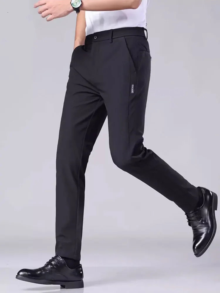 Mens casual pants semi elastic waistband nylon ice silk elastic straight tube light gray business gentleman summer casual 250305Z