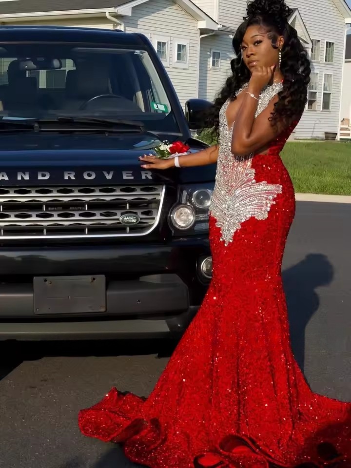 Sparkle Sequin Mermaid Red Prom Dresses For Black Girls Sexy Rhies Beaded Long Party Dress Women Customized