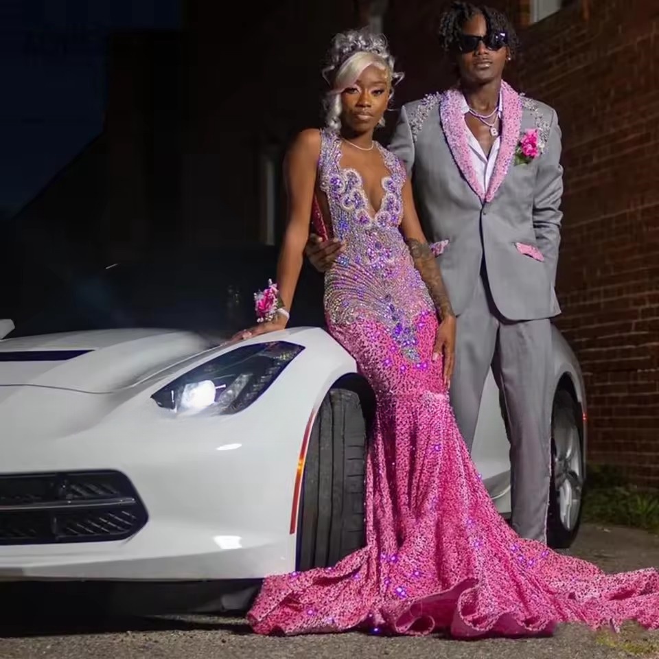 Customized Long Glitter Mermaid Prom Dress Black Girl Beaded Rhies Formal Robes De Soiree Crystals Evening Party Gowns