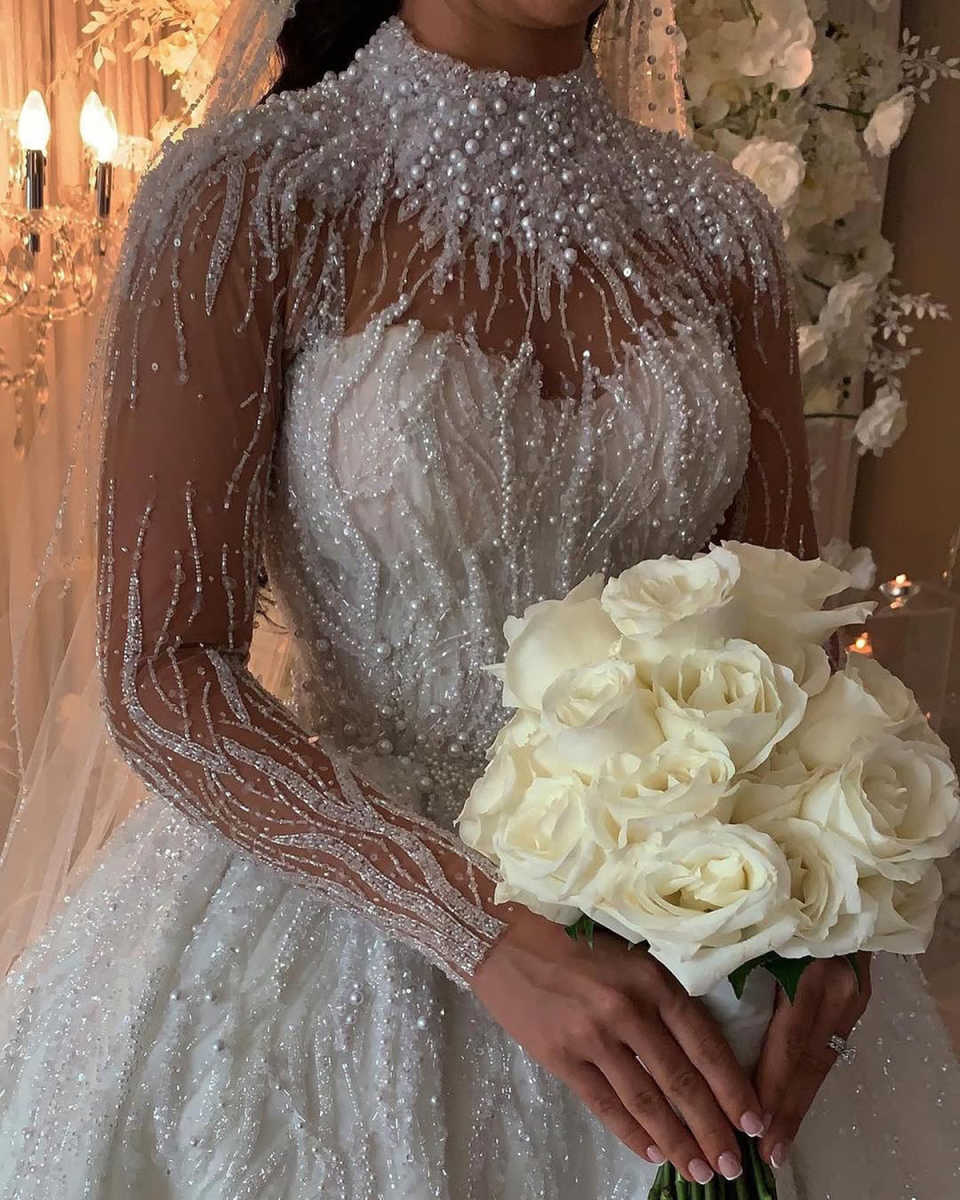 Gorgeous A e Women Wedding High Collar Long Sleeves Bridal Gowns Sequins Pearls Sweep Train Dress Custom Made