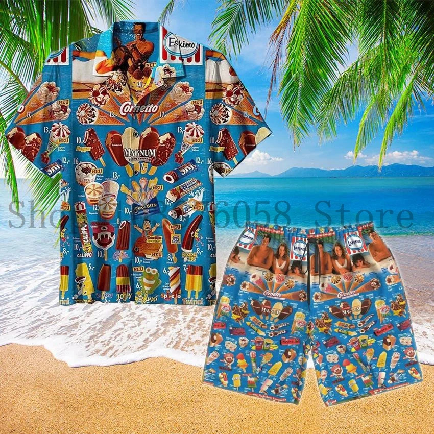 Trendy Cool Fashion Ice Cream Shirts Set Men 3D Print ShirtShorts Two Piece Sets Hawaii Beach Shirt Unisex Clothing 250306