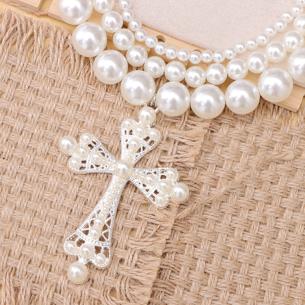 Cross necklace set of personalized beads stacked wear collarbone chain necklace jewelry in Europe and the United States exaggerated punk pearl jewelry