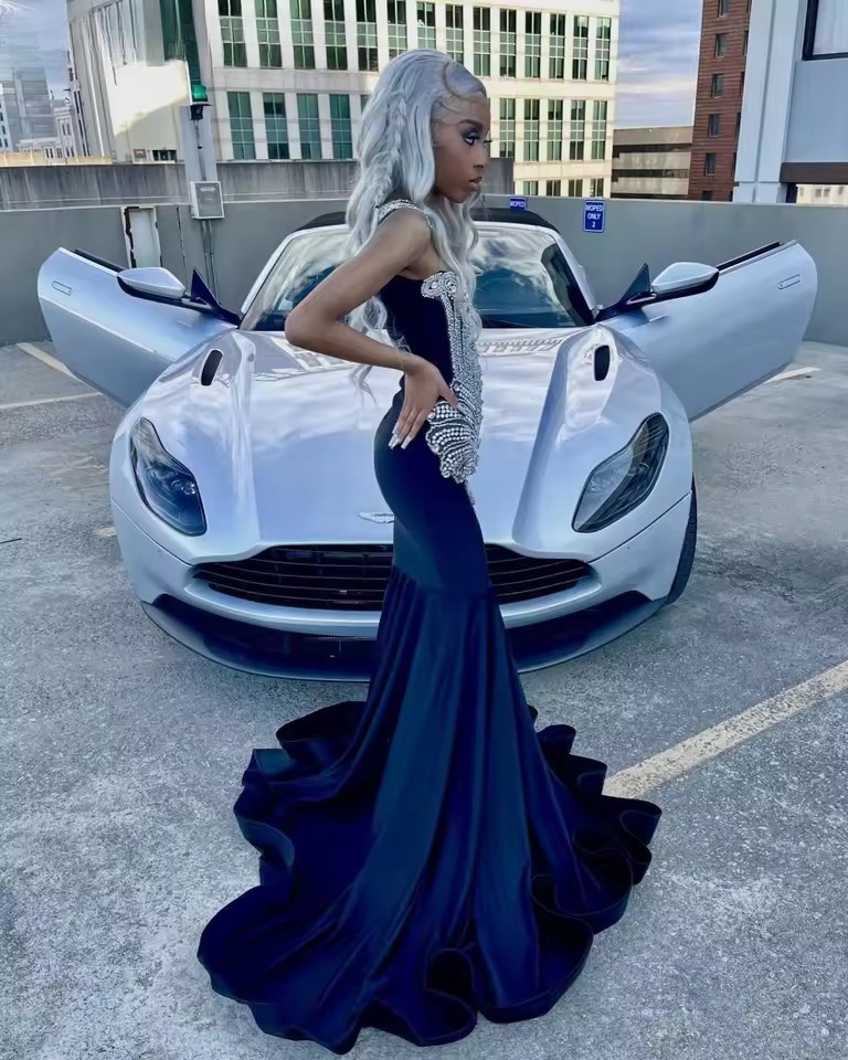 Customized African Mermaid Prom Crystal Rhies Beaded Black Girls Evening Dress Formal Party Gowns