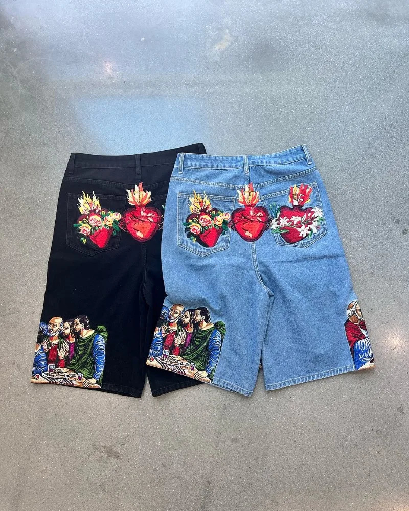 Harajuku retro cartoon print ultra wide long leg pants Gothic wash difficult to wear jeans mens Y2k fashion casual denim shorts womens 250306