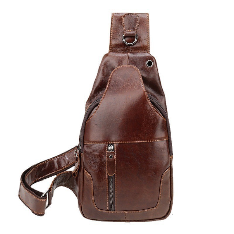Mens leather chest bag head layer leather chest bag casual style one shoulder bag large capacity 240824