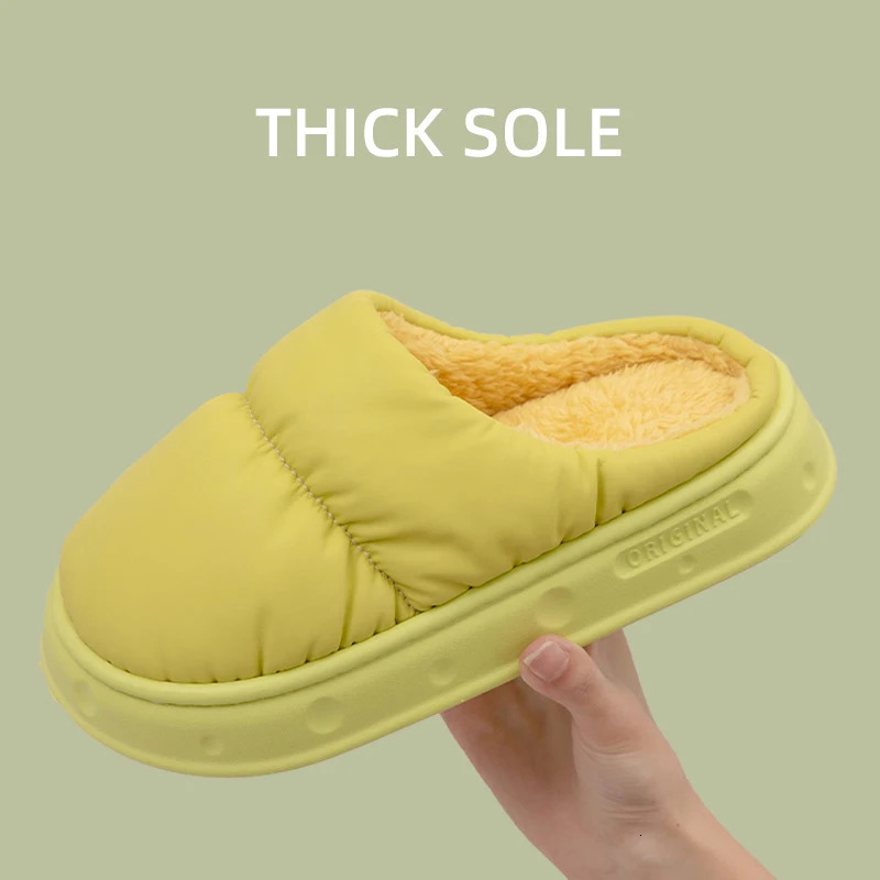 Feslishoet Winter Indoor Slippers Women Plush Keep Warm Flat Home Soft Comfort Slides Men PU Leather Waterproof Fashion Shoes 250306