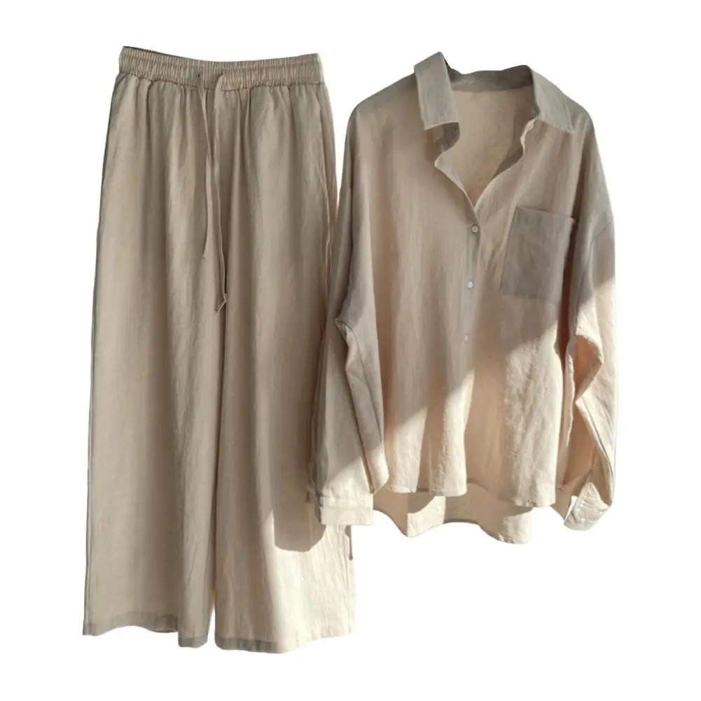 Women Casual Two Piece Sets 2023 Summer Fashion Classic Shirt Solid Color Homewear Drawstring Pants Set Clothing Suit 250225