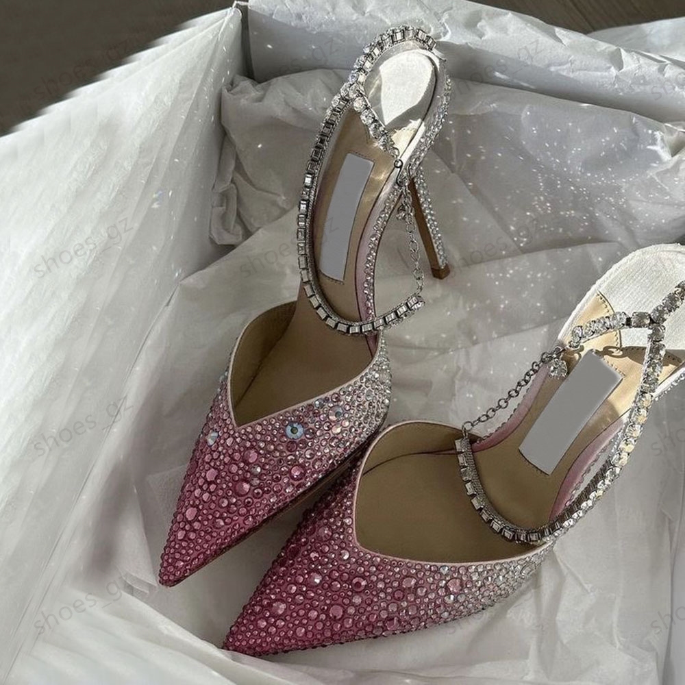 Crystal ankle straps slingback Sandals Evening Wedding Dress Shoes shine rhinestone bride shoes sandal lady's Wedding high heeled women pointed toe high-heel