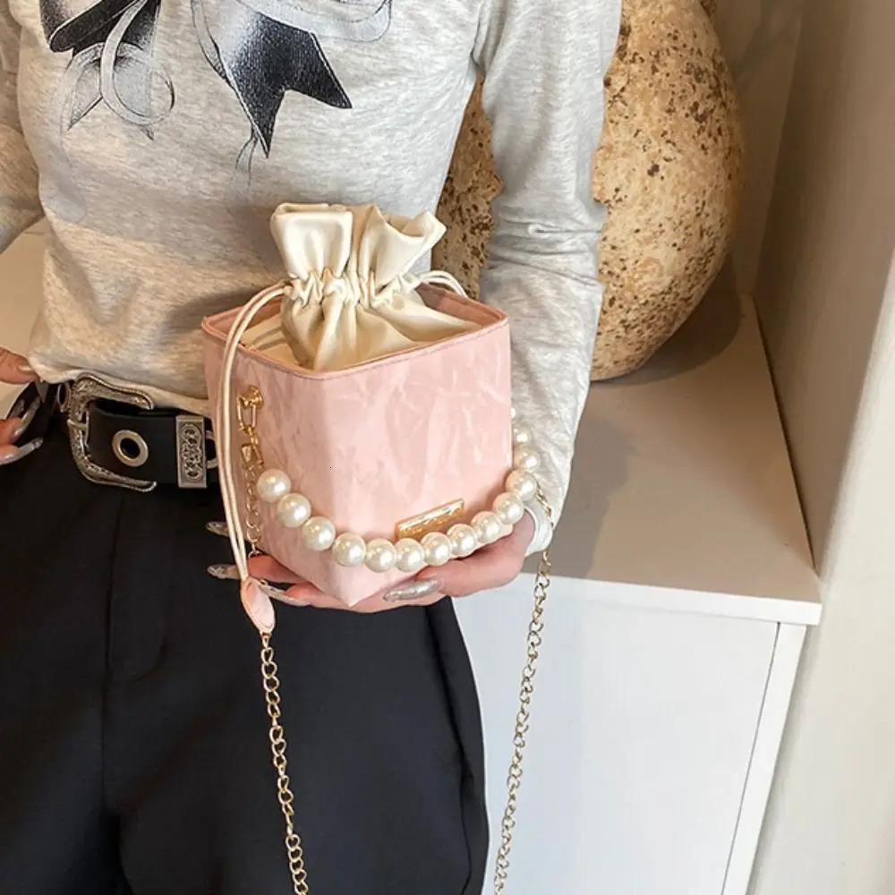 Retro Pu Leather Women Bucket Bag Square Vintage Drawstring Crossbody Pearl Chain Strap Shoulder Outdoor 250227