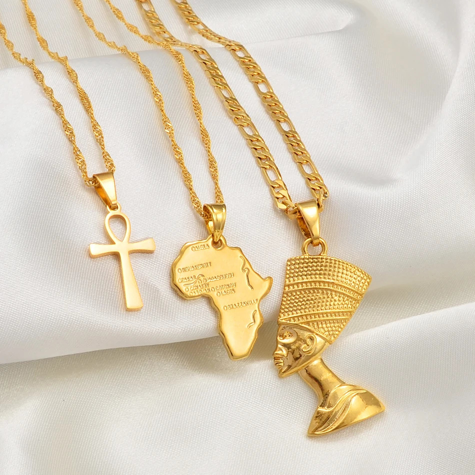 Anniyo 3pcs Necklaces Together Ankh Nefertiti Africa Map Pendant Gold/Silver Color Birthday Party Ethnic Jewelry Women #2406 250227