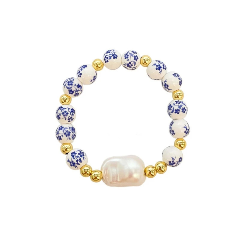 Baroque Pearl Bracelet Elastic Rope Fashion Simple Pearl Blue and White Bracelet Jewelry Accessories 250303