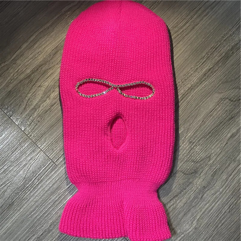 Shining Diamond Balaclava Face Mask Women Pink Sport Knitted Fleece Ski Mask for Women Three Hole Hat Shiny Rhinestone 250306