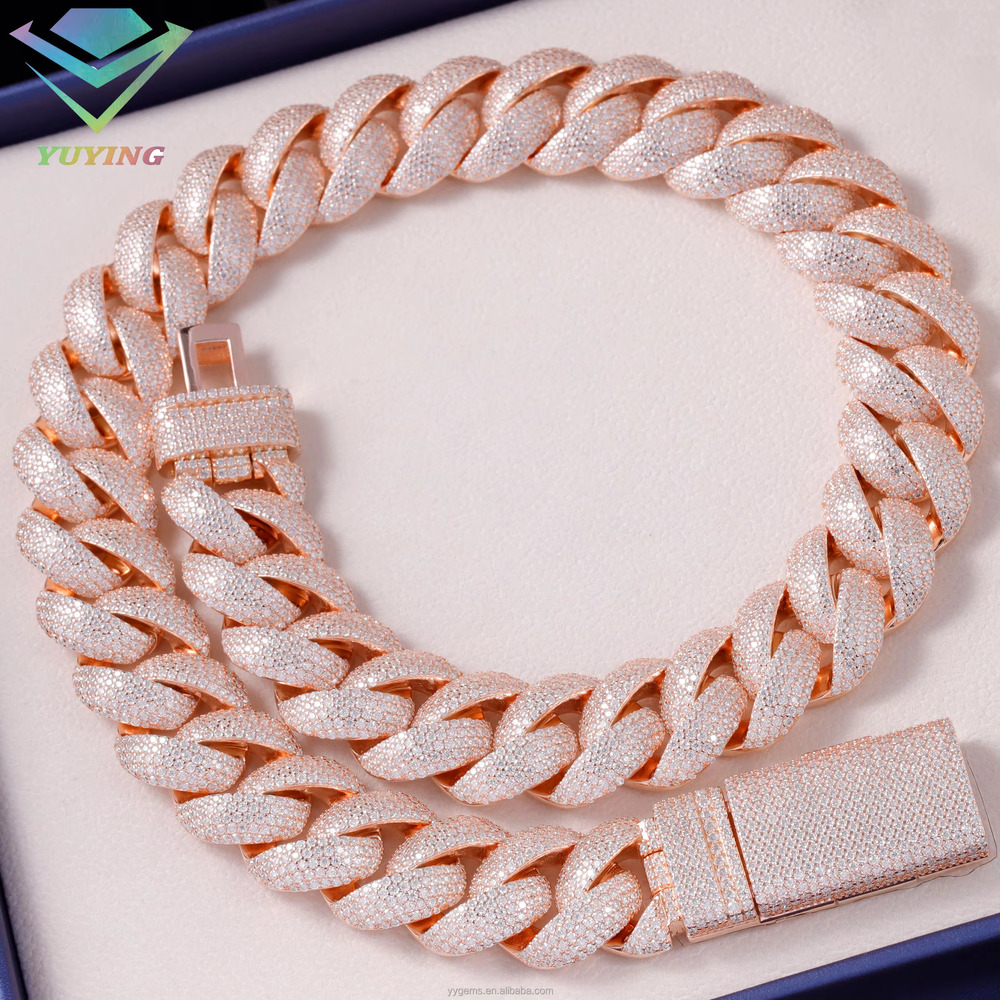 Custom Moissanite Heavy Silver Chain for Men 13mm-22mm Width S925 Solid Rose Gold Plated VVS Moissanite Diamond Cuban Link Chain