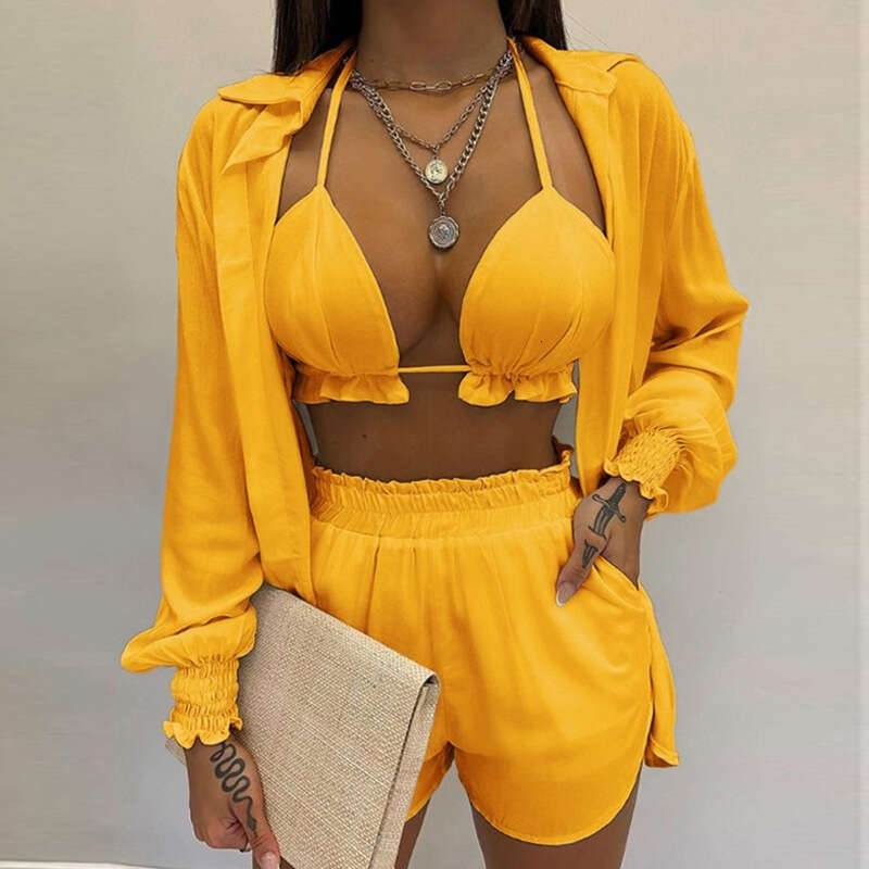 2024 New Sexy Three Piece Autumn Beach Fashion Shorts Set For Women's Clothing KLMY