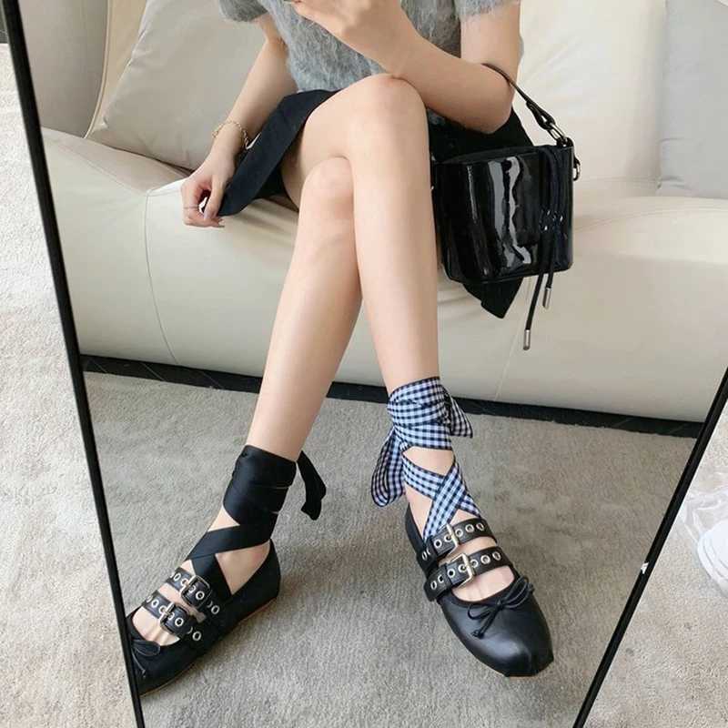 Womens Flats Female Ballet Punk Doll Ribbon Shallow Bow Tie Sandals Ladies Desigh Sweet Round Toe Buckle Cozy Shoes Y250307