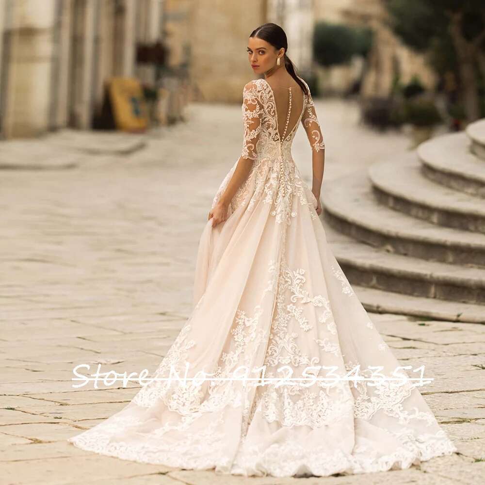 Wedding half sleeve dress button back vintage robe mariage appliques tulle fashion hochzeitskleid wedding dresses