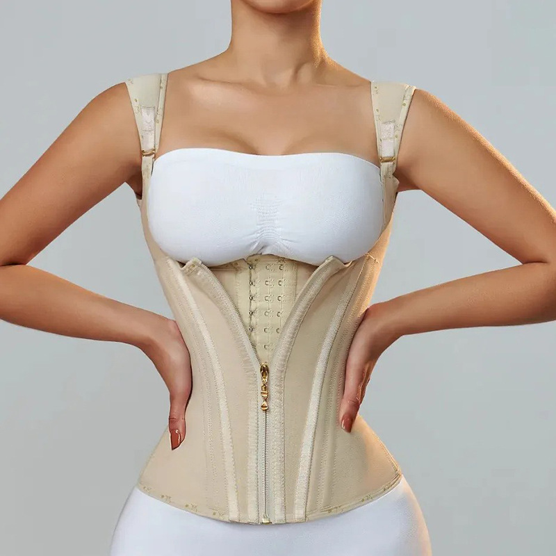 Fajas Colombianas Women Double Compression Waist Trainer Corset with Bone Adjustable Zipper and Hook-eyes Flat Belly Body Shaper 1019