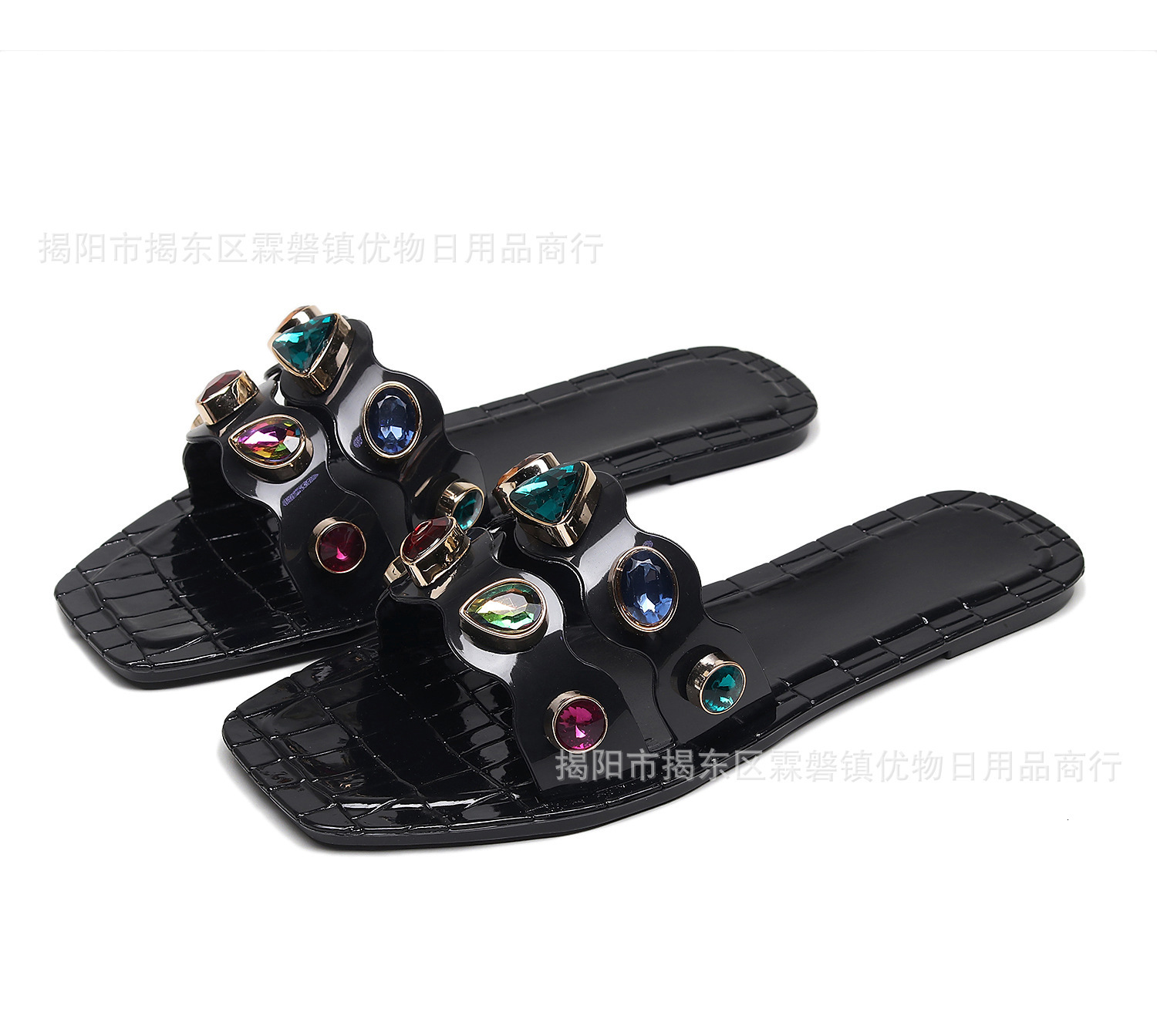 Flat New Bottomed Square Toe Straight Dragged Crystal Shoes New Summer Fashion Cool Colorful Outer Wear Women's Slippers