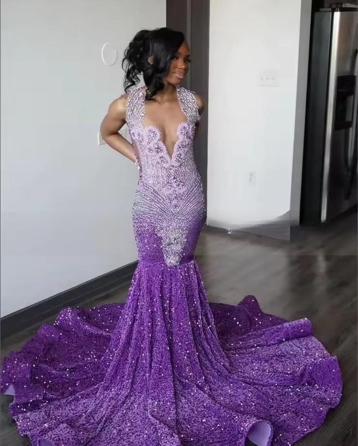 Purple Sparkly Long Mermaid Prom Birthday Gala Dresses for Black Girl Dia Veet Evening Ceremony Gown cusotmsized
