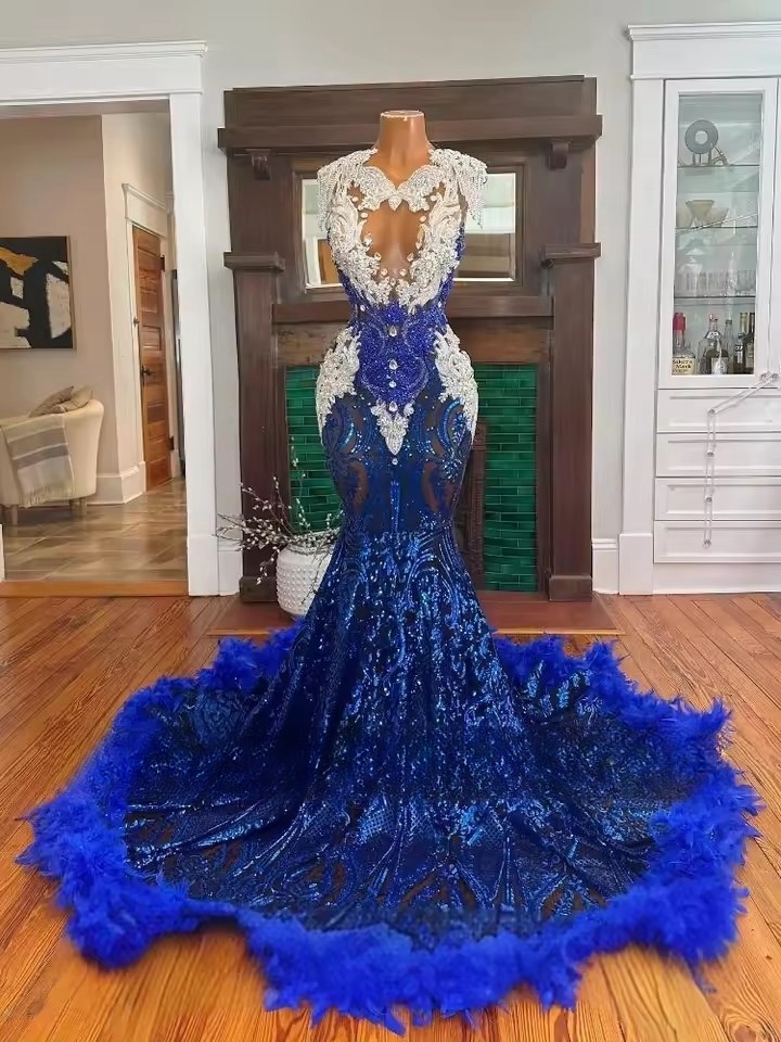 Customized Sparkly Blue Sequined Prom Black Girls 2025 With Feather Glitter Beaded Mermaid Party Long Birthday Dresses