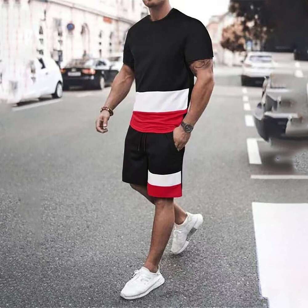 Summer Color blocked Short for Men's Ins Trendy Loose Couple Half sleeved T-shirt Top Set 2025 New Casual Versatile Fashion Clothing