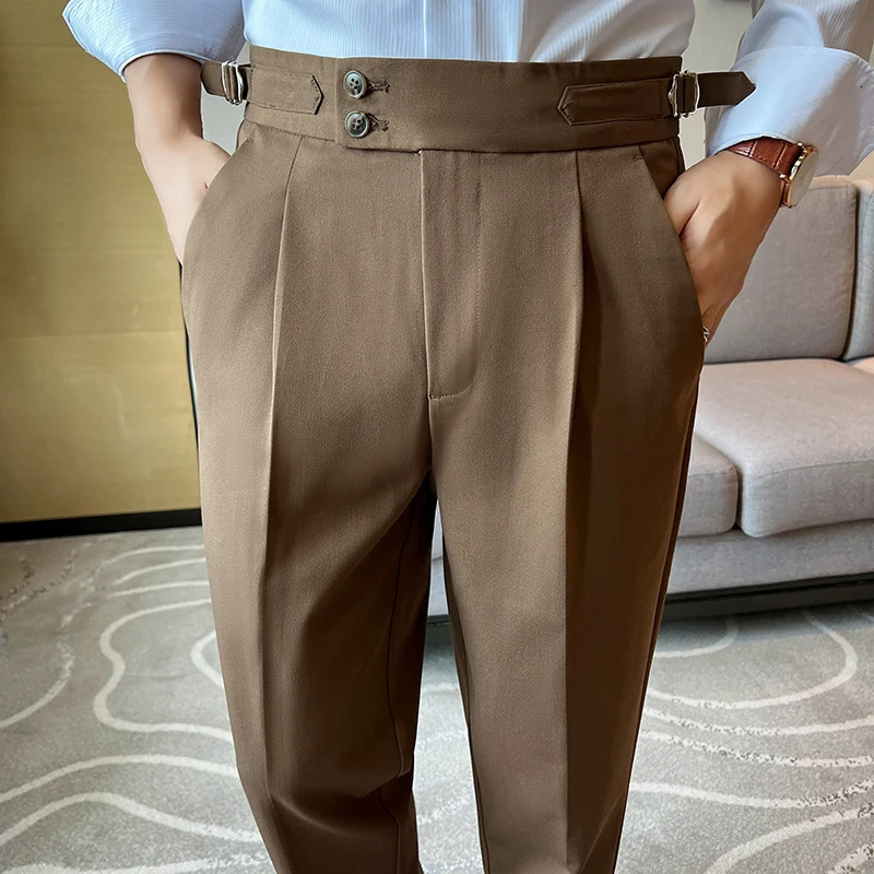 High Quality Neapolitan Mens Suit Pants Slim Fit Casual Trousers Blue Vintage High Waist Dress Pants Men pantalon Homme Luxe 250306