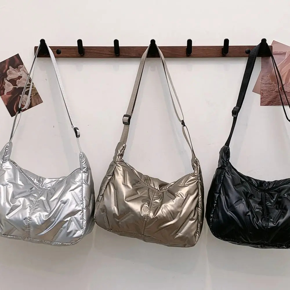 Dumpling Bag Bright Space Cotton Tote Korean Style Large Capacity Crossbody Down Shoulder Nylon Handbag 250227