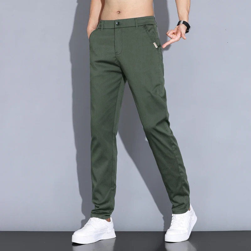 2024 Summer Thin Men Straight Casual Mens Pants Slim Stretch Elastic Waist Male Trousers Solid Color Clothing Coffee 250305Z