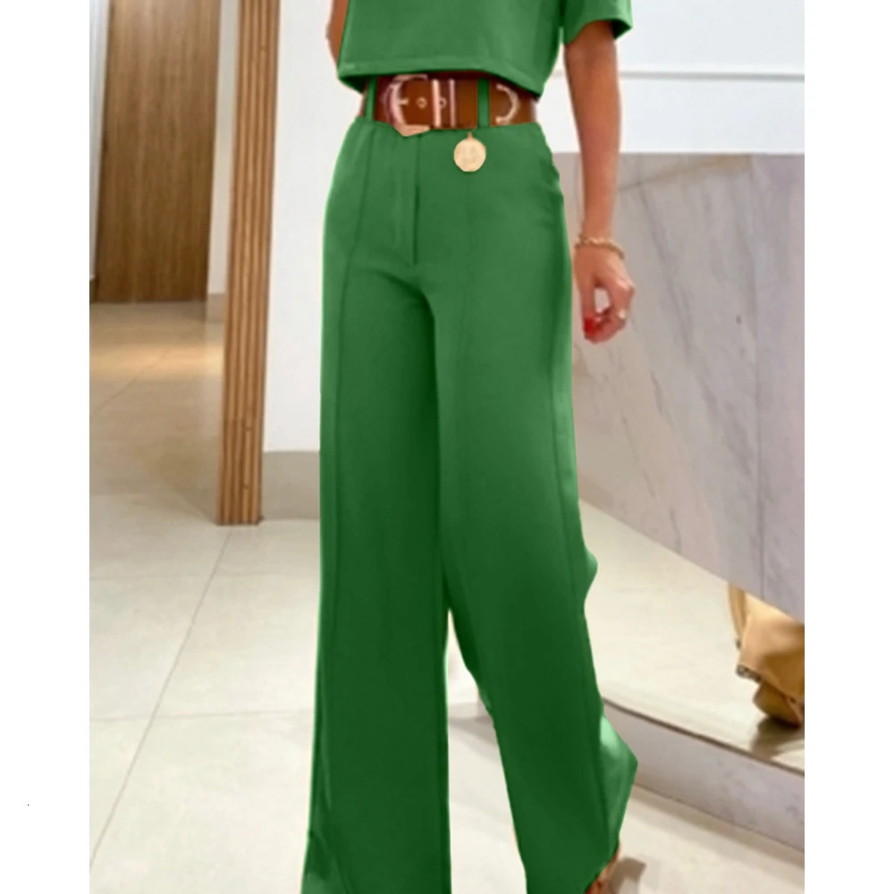 Casual Women Half Sleeve Crop Top Wide Leg Pants Set Summer Femme Office Lady Two Pieces Suit Outfits Korean Style 250225