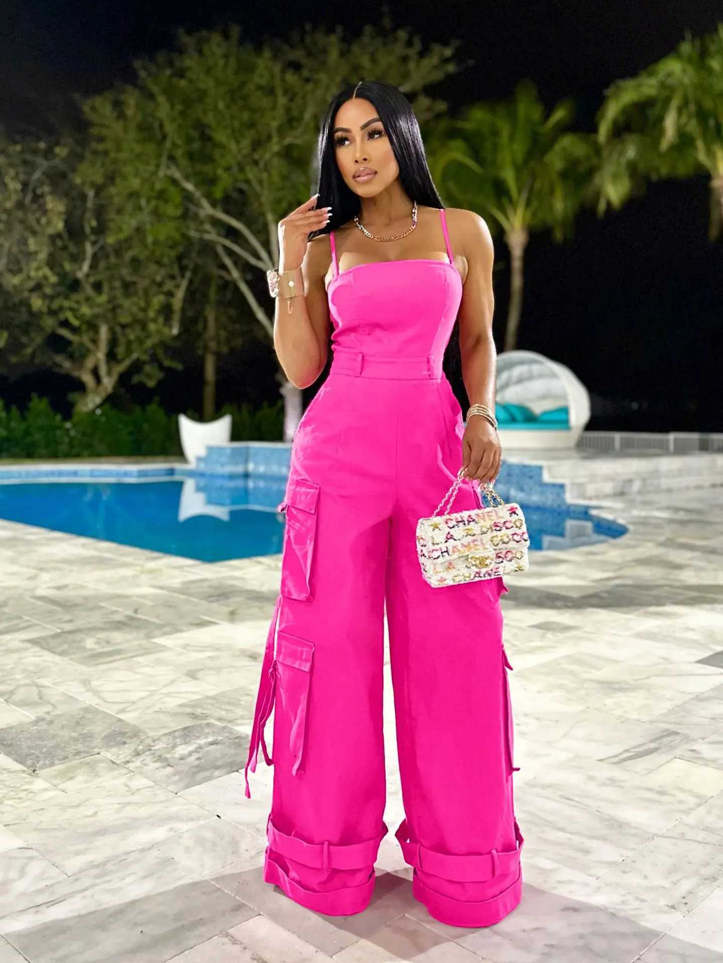 lti Pockets Wide Leg Cargo Jumpsuit Sexy Women Spaghetti Strap Ele Streetwear Casual Overalls RomperXJ250307