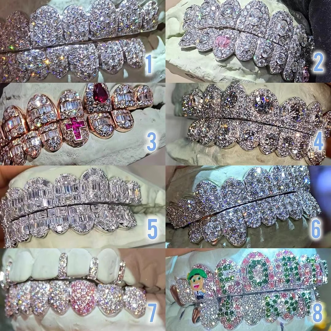 Popular Grillz Custom Flawless Mossanite Grills Teeth Big Stone Vvs Moissanite Grillz 10 Top 10 Bottom Ice Out Diamond Grillz