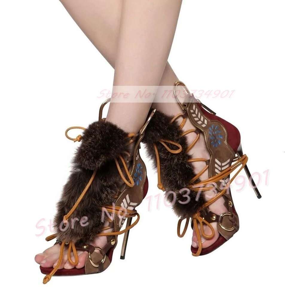 Open-toe Strappy Fur Women Vintage Color-block Suede Print High hot Heels Shoes Ladies Fashion Catwalk Party Novelty Sandals