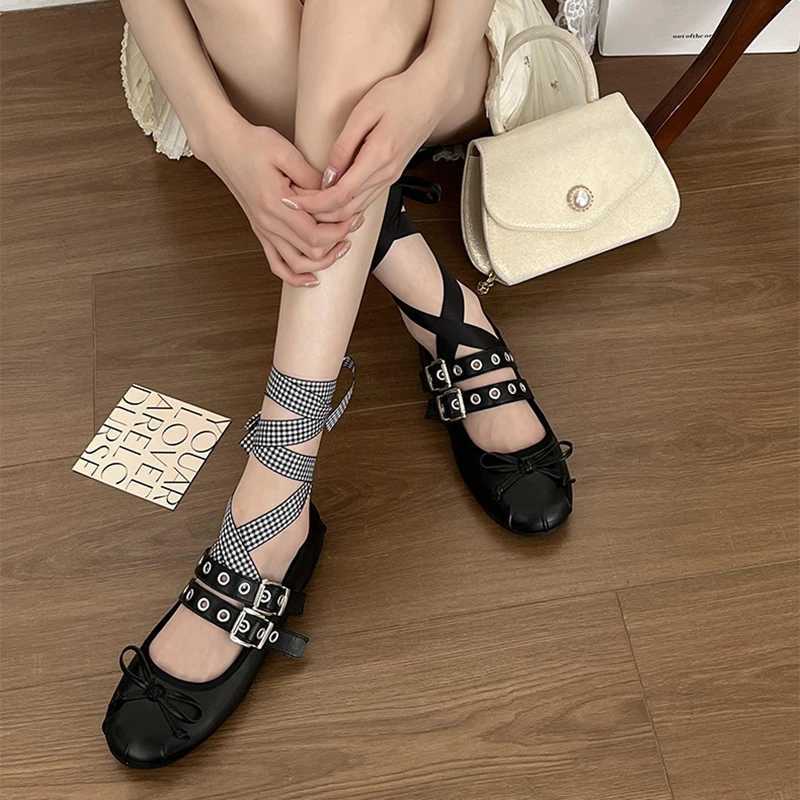 Womens Flats Female Ballet Punk Doll Ribbon Shallow Bow Tie Sandals Ladies Desigh Sweet Round Toe Buckle Cozy Shoes Y250307