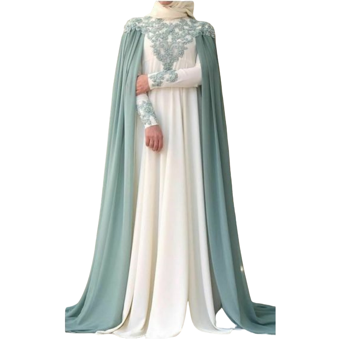 Elegant Muslim Evening Dresses With Cape Lace Appliques Beaded Ivory And Sage Hijab Long Formal Occasion Dress Full Sleeves Arabic Dubai Prom Gown