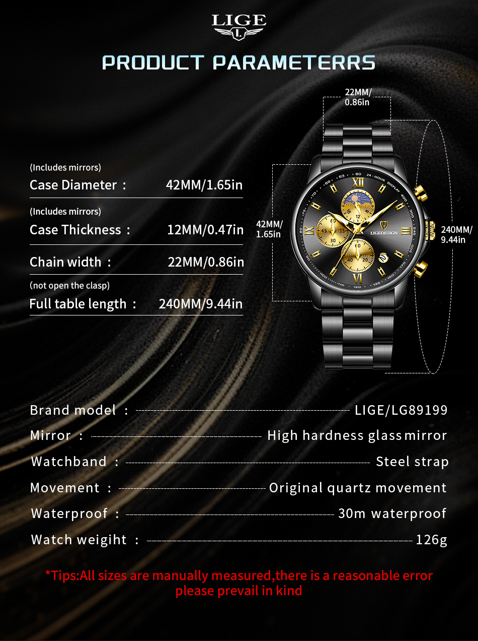 LIGE Men's Quartz Watch Sports Waterproof Watch Top Brand Style Square Case Fashion Business Watch Holiday Gift Teen Watch Student Watch Chronogr