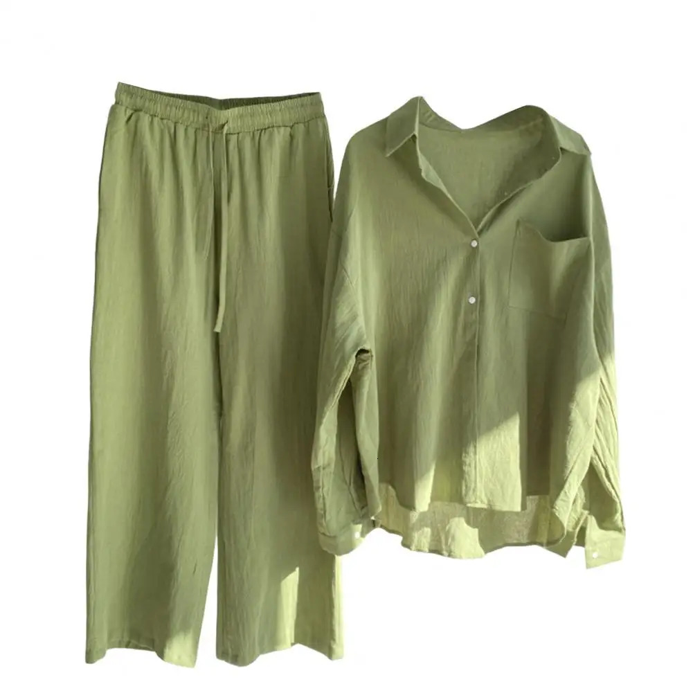Women Casual Two Piece Sets 2023 Summer Fashion Classic Shirt Solid Color Homewear Drawstring Pants Set Clothing Suit 250225