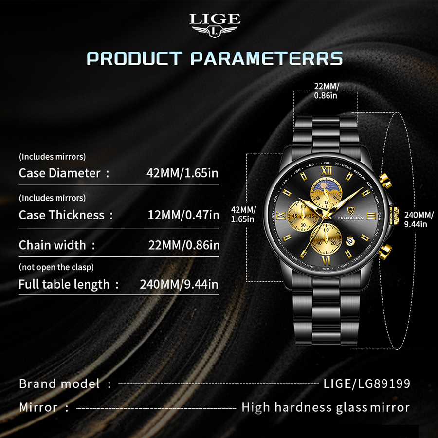 LIGE new quartz watch multifunctional sports left three eye chronograph watch waterproof night light men's watch
