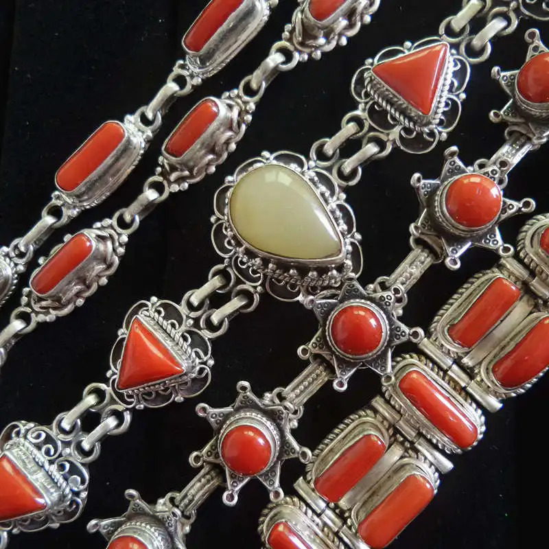 Nepal 925 sterling silver vintage jewelry set with bamboo coral chain bracelet 250303