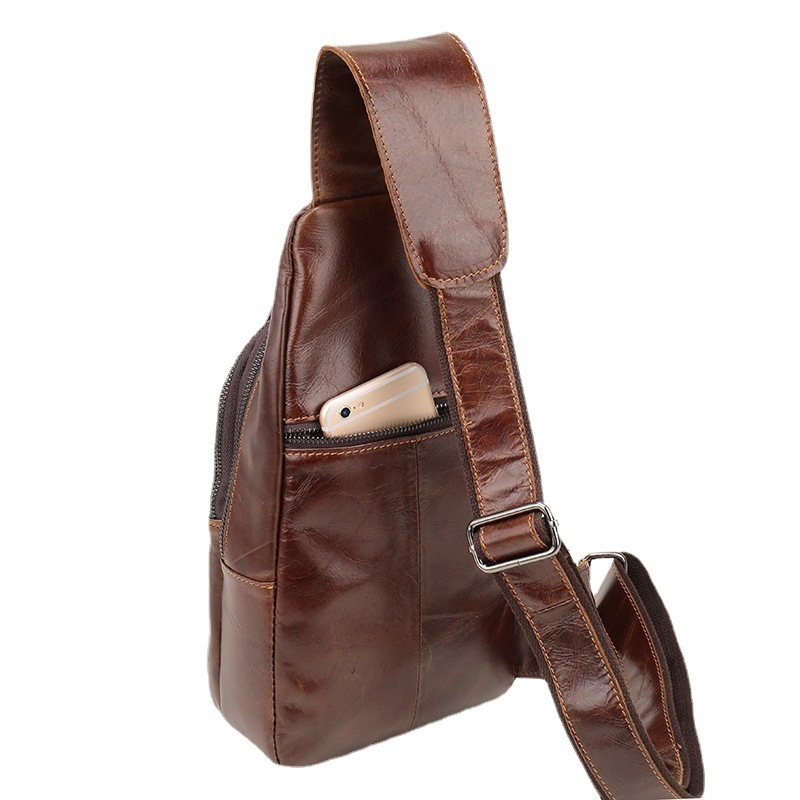 Mens leather chest bag head layer leather chest bag casual style one shoulder bag large capacity 240824