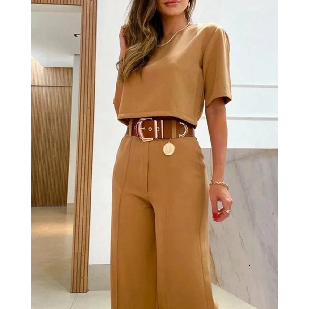 Casual Women Half Sleeve Crop Top Wide Leg Pants Set Summer Femme Office Lady Two Pieces Suit Outfits Korean Style 250225