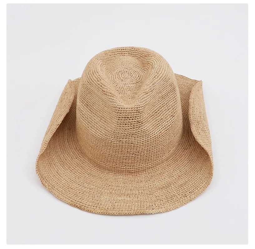 Newly hand woven crocheted natural Rafia sun hat summer simple western cowboy hat with curled Brim beach sun protection straw hat W250307