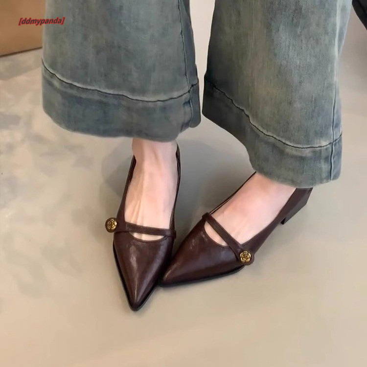 Shallow mouth high heels, women's mountain camellias, one button thick single order shoes, pointed temperament, Mary Jane shoes #ddmypanda