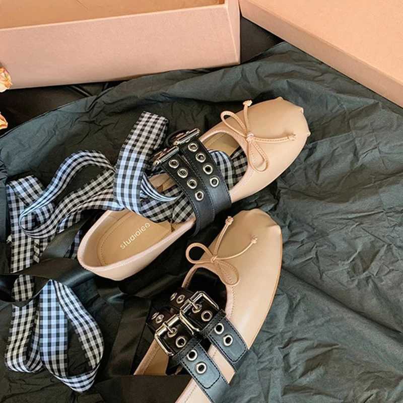 Womens Flats Female Ballet Punk Doll Ribbon Shallow Bow Tie Sandals Ladies Desigh Sweet Round Toe Buckle Cozy Shoes Y250307