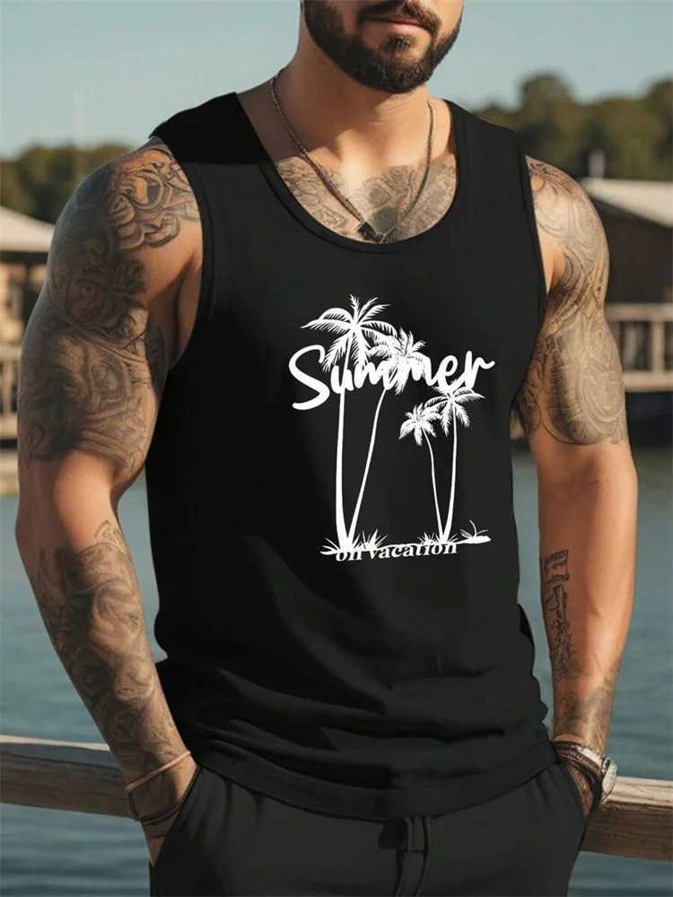 Hawaii Mens Beach Vacation Breathable T-Shirt Coconut Tree Print O-Neck Large Size Vest Mens Outdoor Sports Breathable VestT250318
