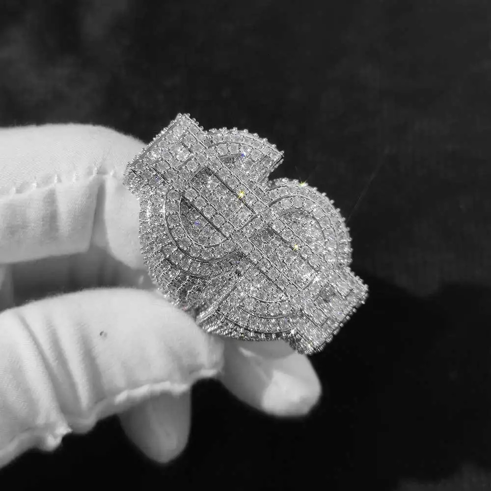 Personalized Custom Hip Hop Full Diamond Sign Ring Bling Iced Out Money Big USD 18k Gold Plated Ring For Women Men 250318