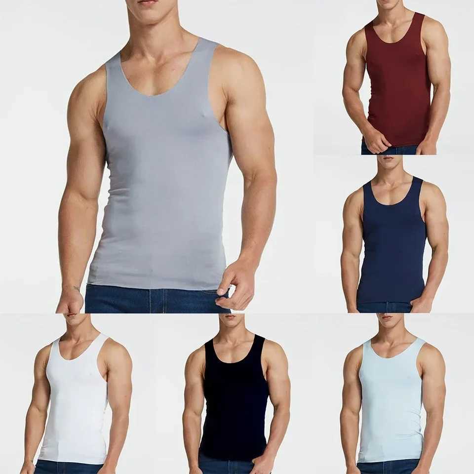 High Elastic Mens Sleeveless Vest Seamless Ice Silk Top For Sports And Leisure White/Black/Navy Blue/Claret/Gray/Water BlueT250318